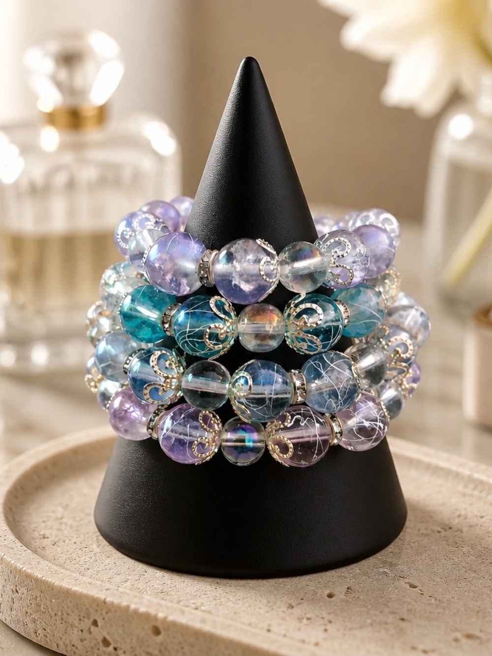 Crystal Bead Stretch Bracelet Set Of 4 - Iridescent Purple, Teal, Blue And Pink